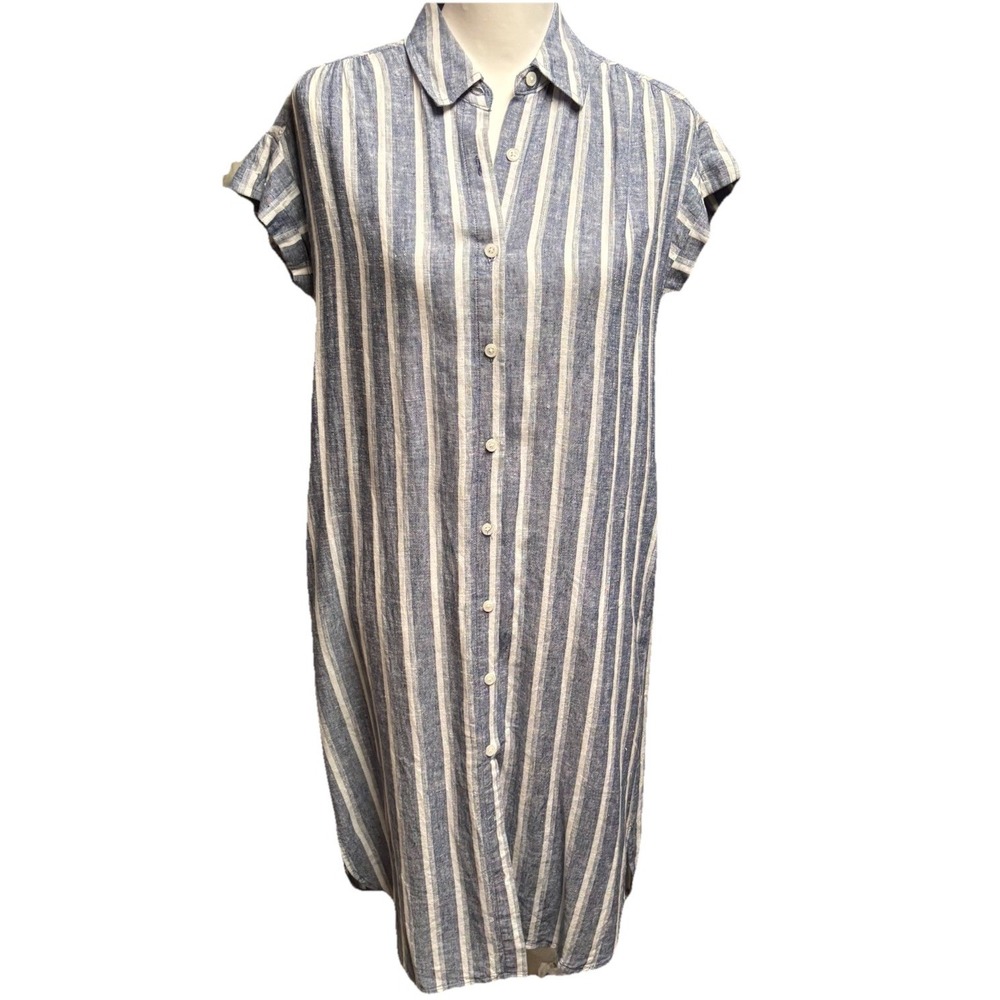 Lord &‎ Tylor Linen/Viscose XS Striped Button Down Pocket Shirt Dress Blue White